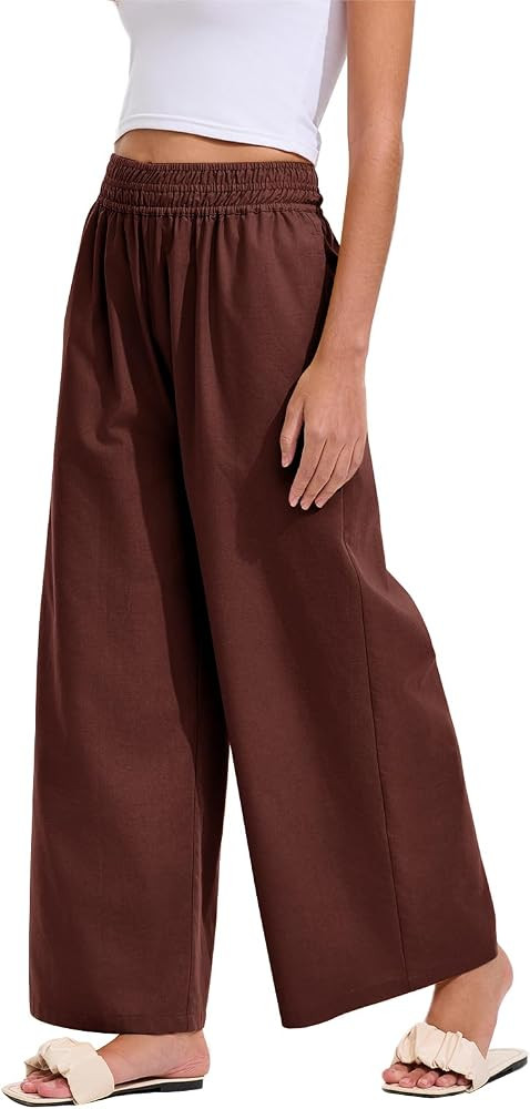 Les umes Womens Linen Wide Leg Pants Elastic Waist Cotton Loose Casual Baggy Trousers with Pocket... | Amazon (US)