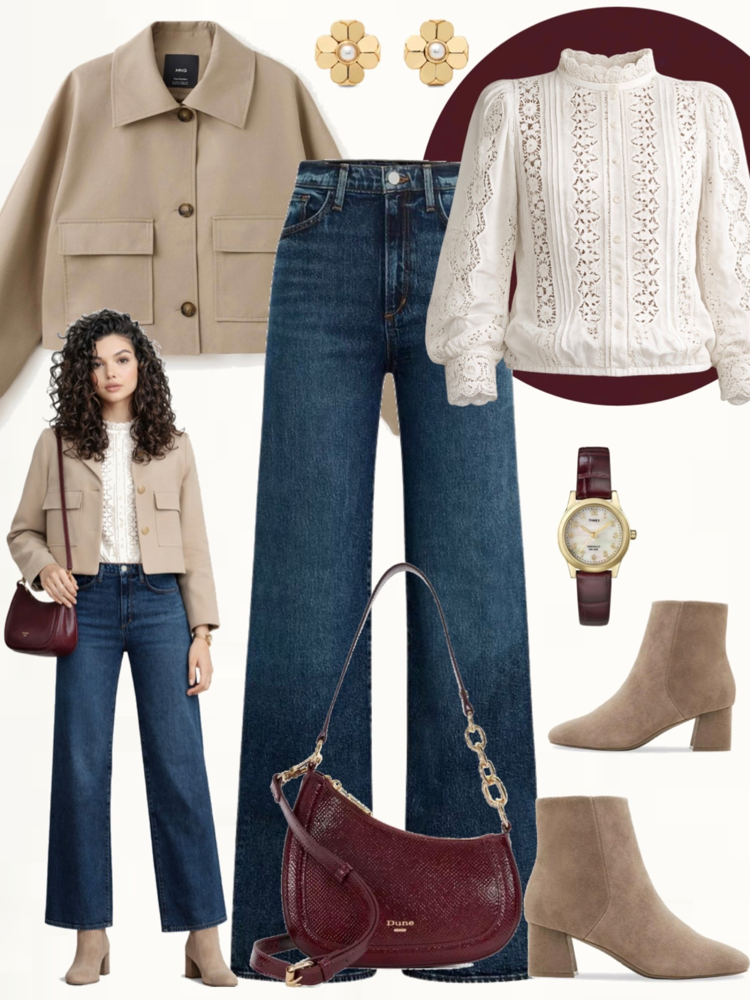 Medium wash wide-leg jeans paired with a white lace blouse and a beige cropped jacket. Styled with taupe ankle boots, a burgundy shoulder bag, and gold accessories for a soft, polished look.
#smartcasual #springoutfits #effortlessstyle

#LTKootd #LTKSeasonal #LTKOver40