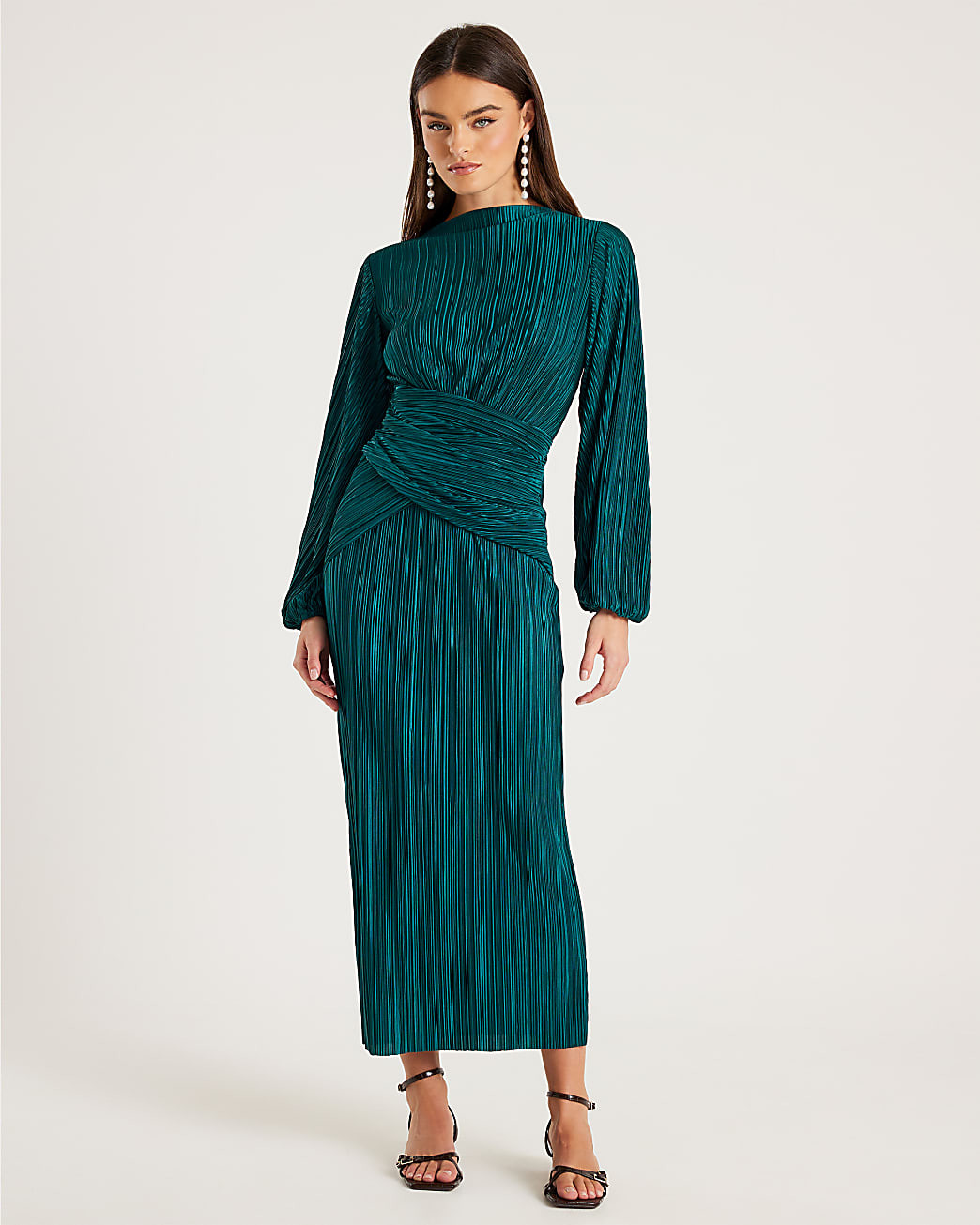 Green Plisse Long Sleeve Wrap Midi Dress | River Island UK & IE