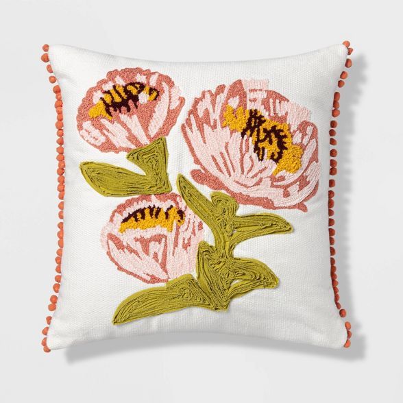 Square Embroidered Floral Pillow White/Coral/Green - Opalhouse™ | Target