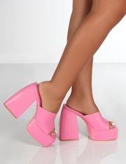 Rozie Pink PU Chunky Heeled Mules | Public Desire