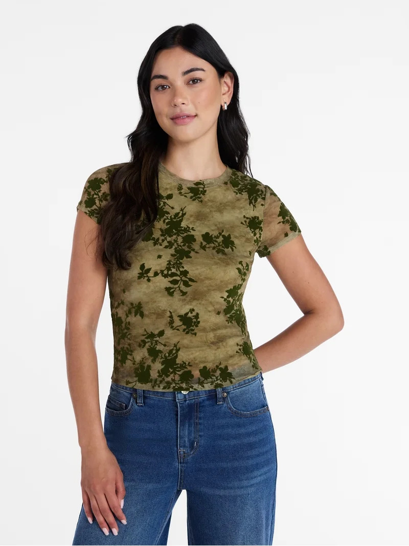 Madden NYC Women\u2019s Flocked Floral Mesh Crewneck Tee with Short Sleeves, Sizes XXS-XXL | Walmart (US)