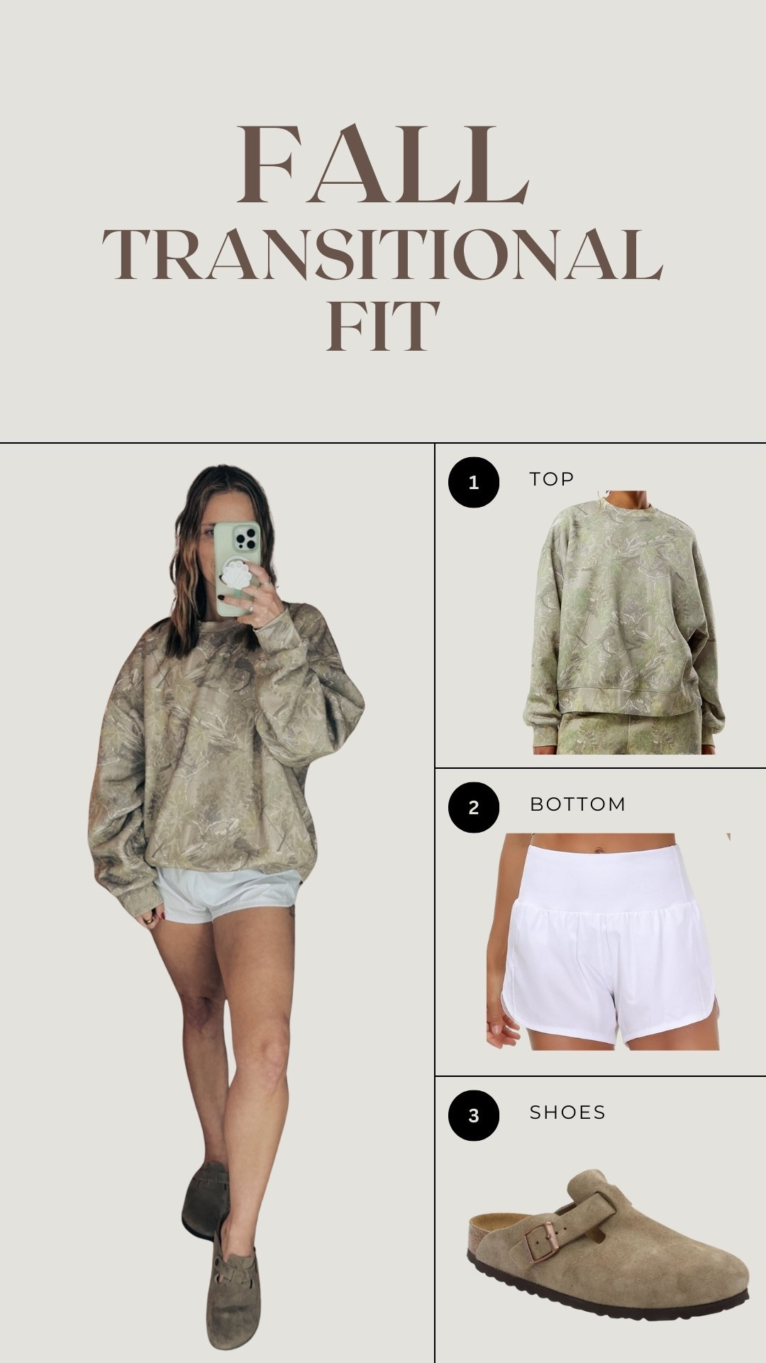 Cozy fall transitional look 🍂 An oversized camo crewneck, easy white shorts, and comfy Birkenstock clogs—perfect for warm days that turn into chilly evenings.

#LTKStyleTip #LTKPetite #LTKSeasonal