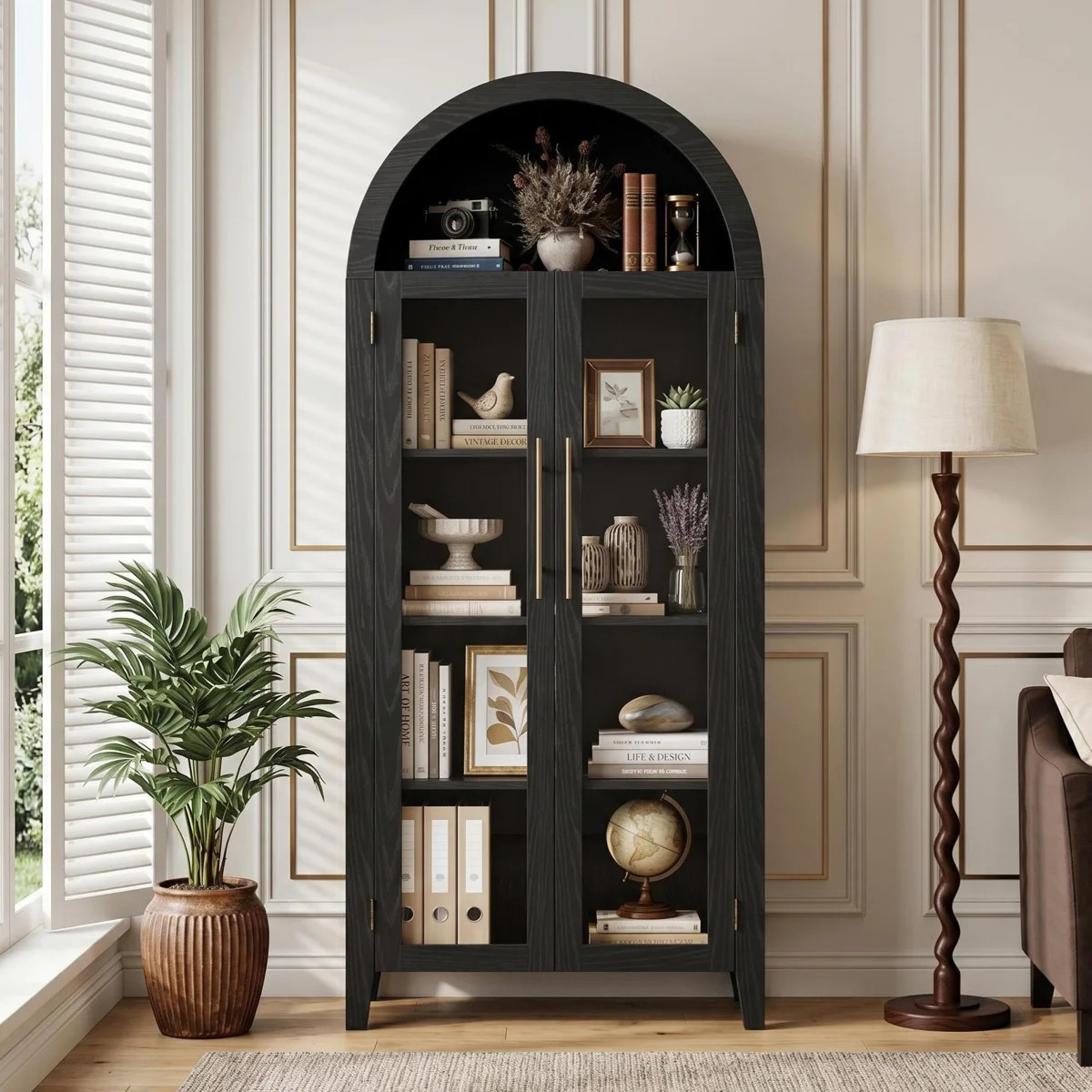 63'' Tall Arched Bookcase with 2 Large Glass Doors, Farmhouse 5 Tier Pantry Storage Cabinet with ... | Wayfair North America