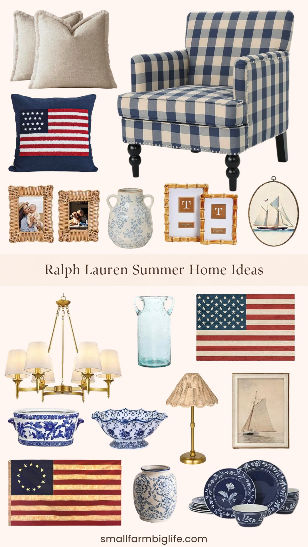 This round up is giving all the classic American summer home vibes just in time for Fourth of July. The blue gingham club chair is such a stunning statement piece and the gold chandelier with white shades adds an elegant touch that works beautifully in a coastal or Ralph Lauren inspired space. The American flag pillow, Fourth of July throw pillow cover, and tea stained Betsy Ross flag are timeless patriotic accents that feel intentional rather than overly themed. I love the blue and white floral dinnerware set and the collection of blue and white ceramic vases and planters for a cohesive and collected tablescape, and the vintage nautical sailboat art and coastal sailboat canvas are the perfect finishing touches for any wall. The cordless rattan table lamp and rattan picture frames add that warm organic texture that ties the whole look together beautifully. Tap to shop! 

 #LTKSeasonal #LTKHome