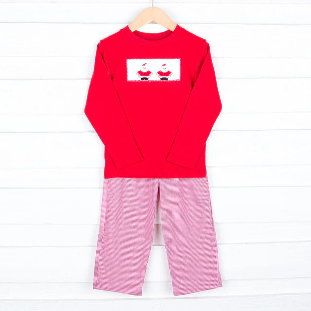 Red Gingham Smocked Standing Santa Pant Set | Classic Whimsy
