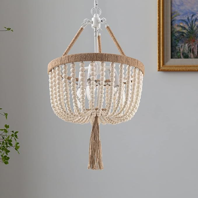 VILUXY Bohemia Wood Beaded Hanging Pendant Lighting Antique Rustic Mini Chandelier White Finishin... | Amazon (US)