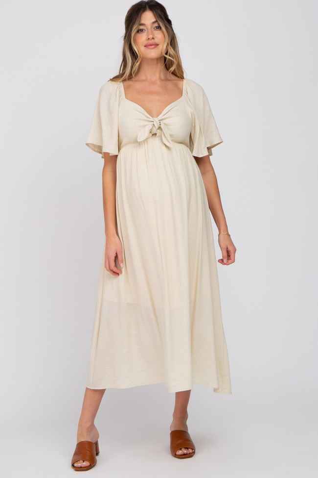 Beige Front Tie Ruffle Sleeve Maternity Midi Dress | PinkBlush Maternity