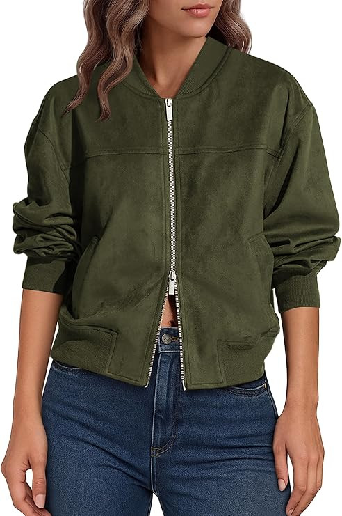 Lazysmile Women's Faux Suede Bomber Jackets Fall Fashion Outfits Winter Clothes Stand Collar Zip ... | Amazon (US)