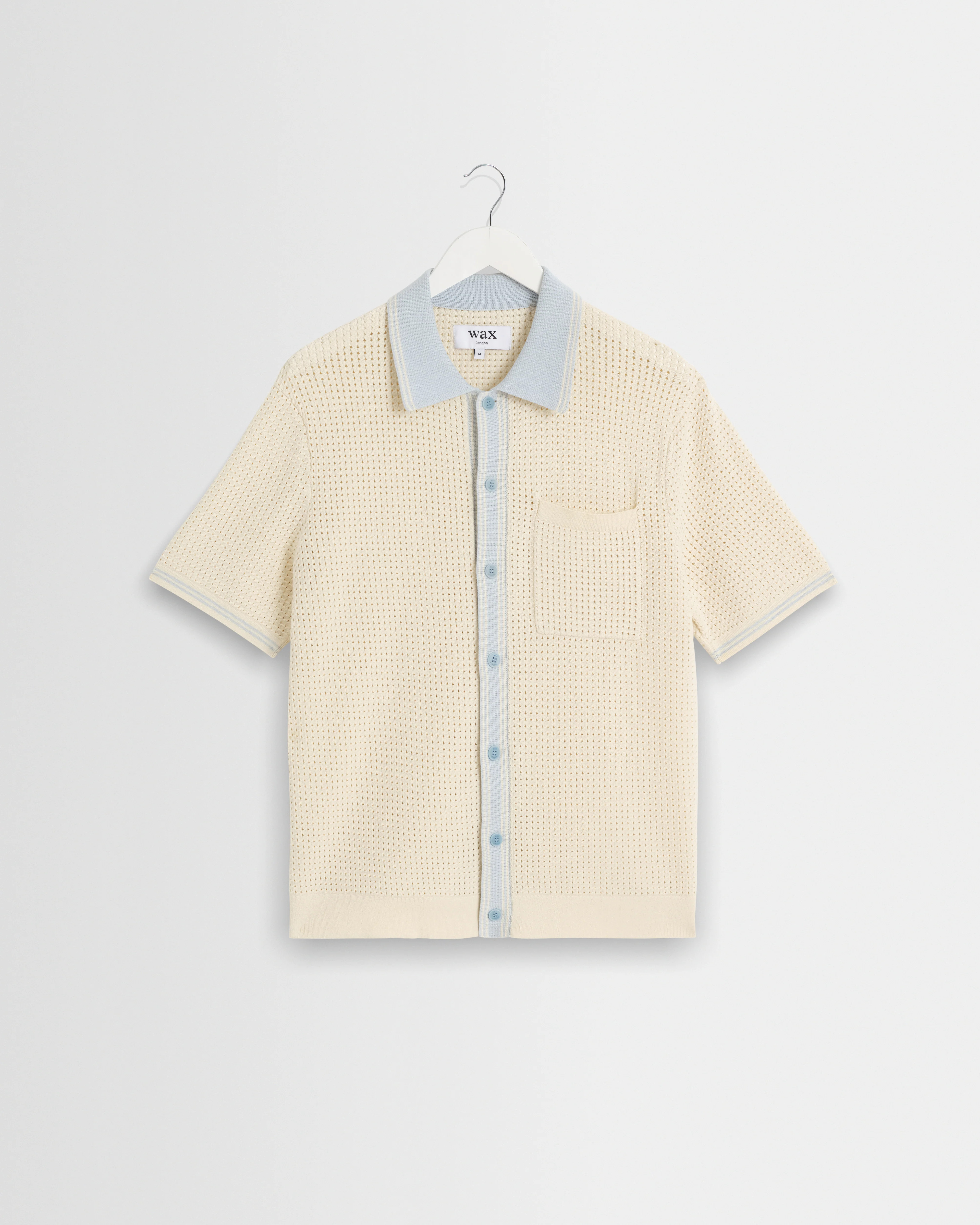 Belle - Ecru Blue Tipped Pointelle Polo Shirt | Wax London US