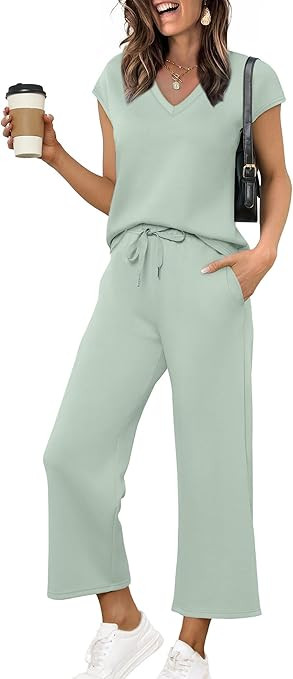 Saloogoe Two Piece Sets for Women Summer Outfits Lounge Sets V Neck Tops Wide Leg Pants Woman Vac... | Amazon (US)