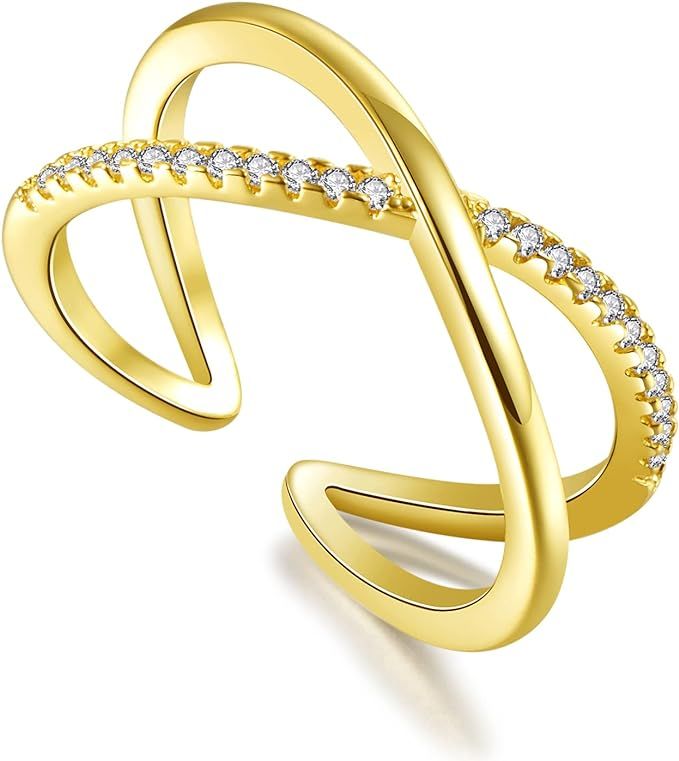 X Twist Eternity Open Ring for Women, 14K Gold Plated Criss Cross Simulated Diamond Cubic Zirconi... | Amazon (US)