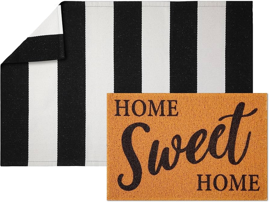 2 Pcs Front Door Mat Set Includes 24 x 35 Black and White Striped Mat 16 x 24 Coir Door Mat Washa... | Amazon (US)