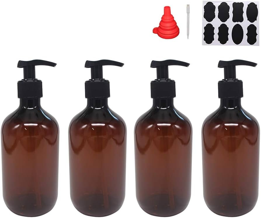 4 Pack 16 OZ Empty Plastic Pump Lotion Bottles with 1 Pen, Labels & Silicone Funnel, Amber Color ... | Amazon (US)