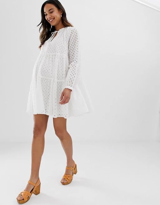 ASOS DESIGN Maternity tiered trapeze mini dress in broderie | ASOS US