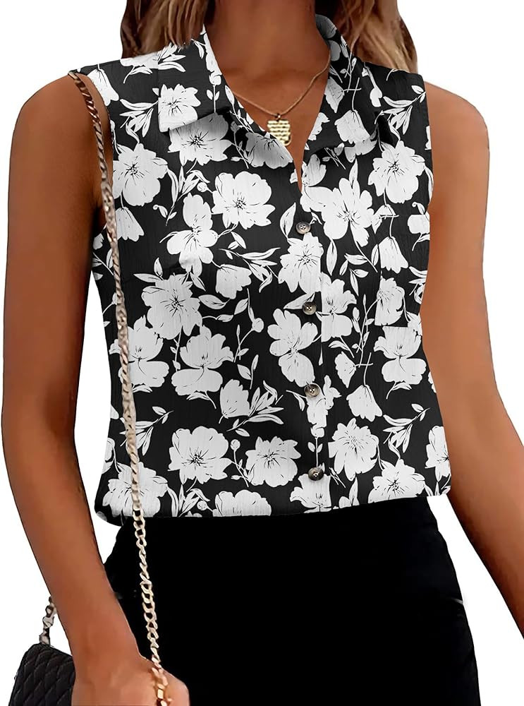 Zeagoo Womens Sleeveless Button Down Shirts V Neck Solid Tank Tops Basic Loose Blouses Casual Off... | Amazon (US)