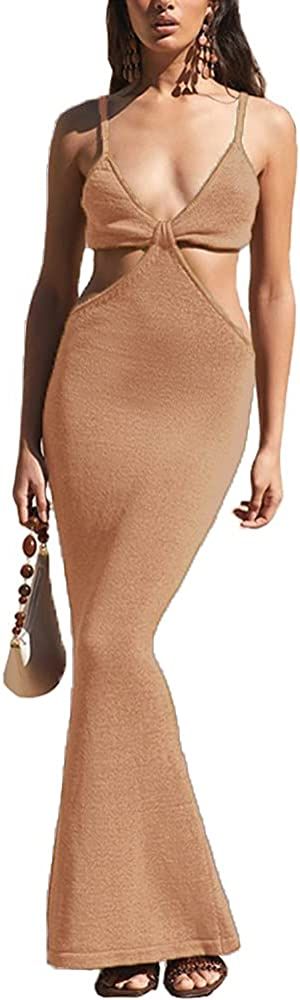Amazon.com: Antopmen Women Spaghetti Straps Knitted Maxi Dresses Elegant Sexy Party Cut Out Backl... | Amazon (US)