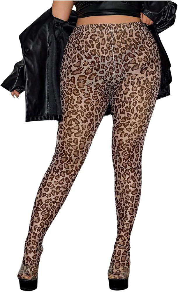 MakeMeChic Women's Leopard Print Tights Mesh High Waist Skinny Pants Y2K Leggings | Amazon (US)