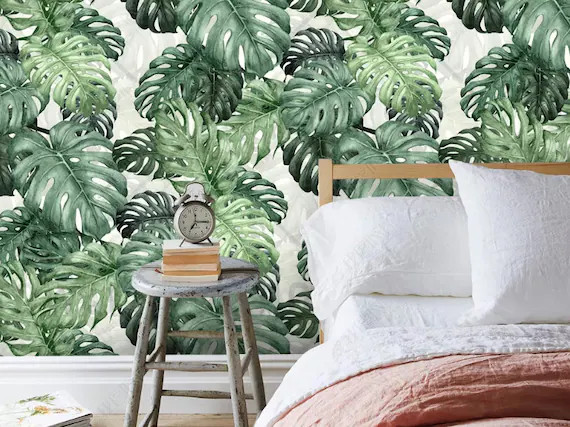Trpical Leaf Wallpaper Green Leaves Rainforest Banana Leaf Wallpaper Mural Background Wall Bedroo... | Etsy (US)