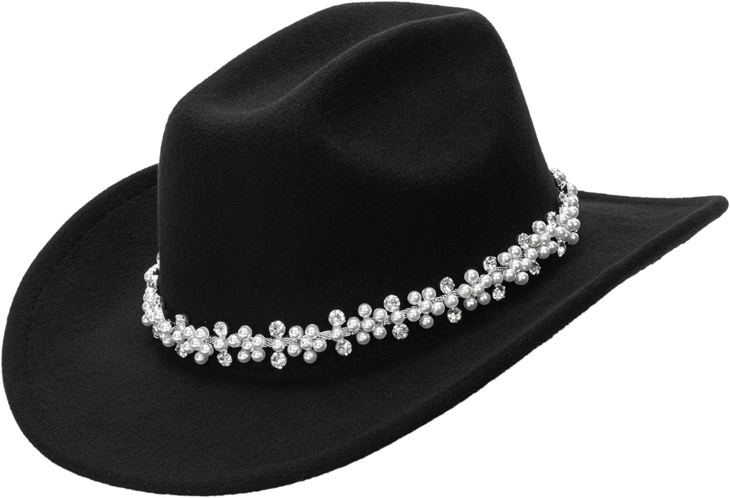 Vintage Western Cowboy Hat for Men Women - Wide Brim Cowgirl Fedora Hats with Diamonds | Amazon (US)