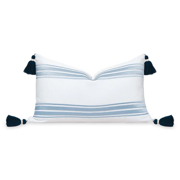 Coastal Indoor Outdoor Lumbar Pillow Cover, Embroidered Stripes with Tassels, Baby Blue, 12"x20" | Hofdeco