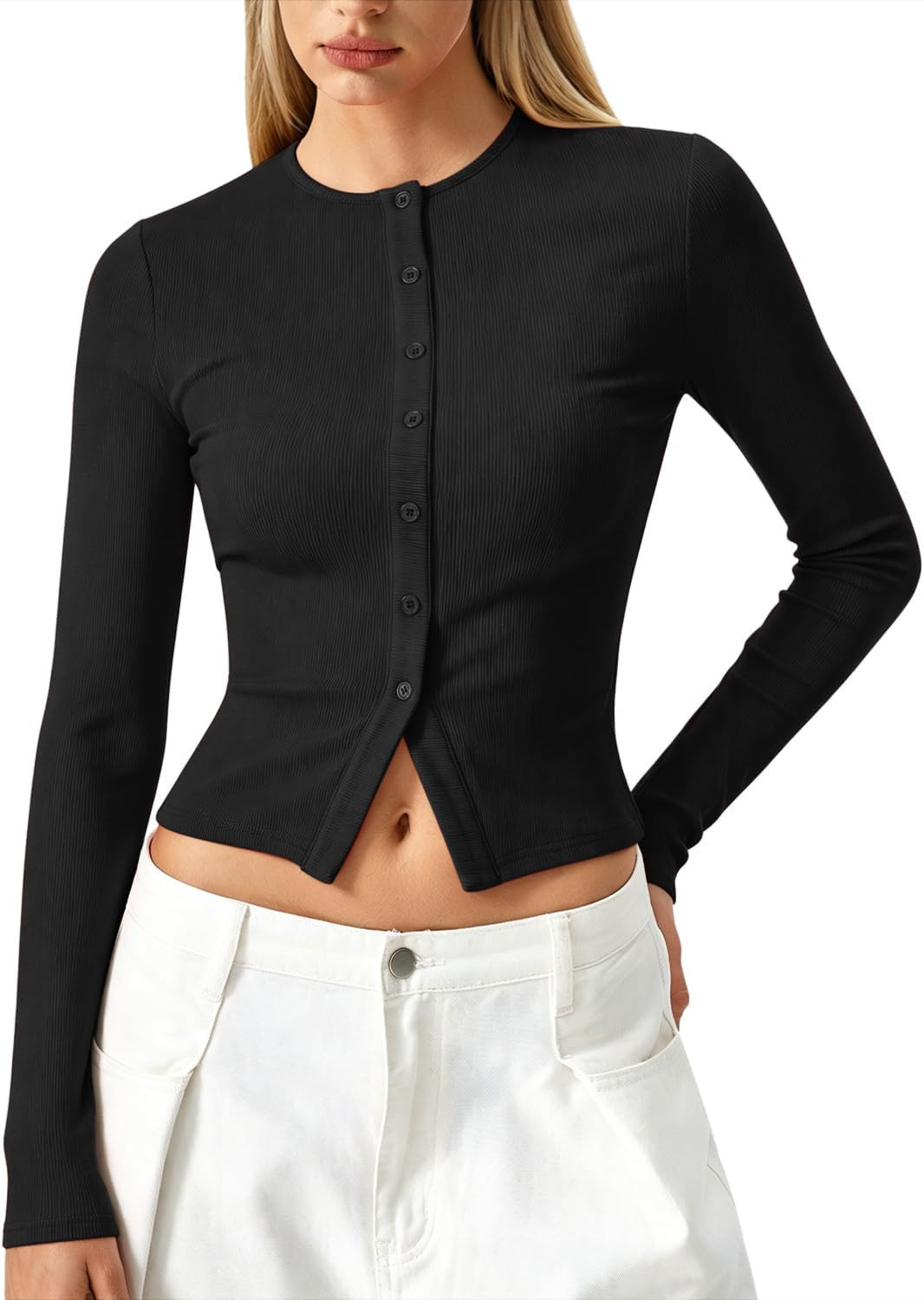 QINSEN Women's Long Sleeve Crewneck T Shirts Ribbed Button Crop Top Going Out Tops | Amazon (US)