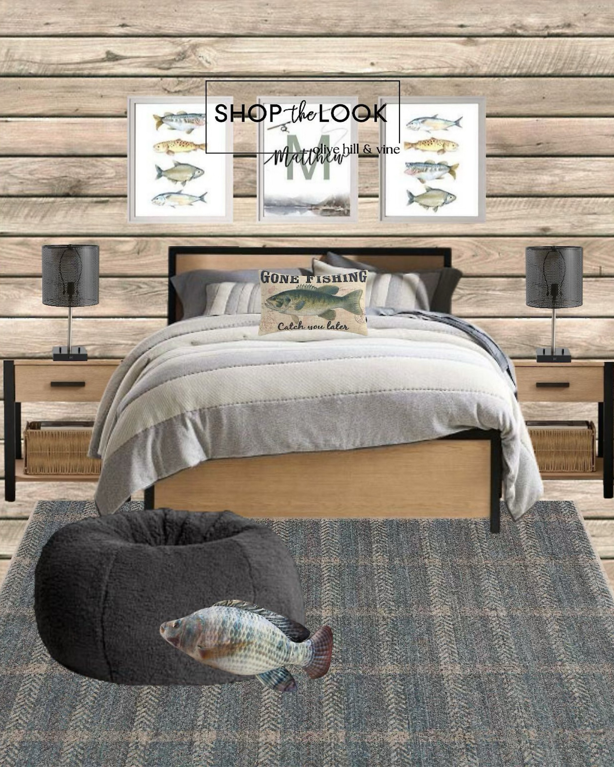 Cast a line into the serene vibes of our fishing-themed bedroom! Coordinating furniture with wire-brushed wood and black metal accents set the tone. Rustic touches like plank wallpaper, fish-themed décor, a plaid area rug, and sand-inspired bedding make it a reel catch! 

#LTKFamily #LTKKids #LTKHome