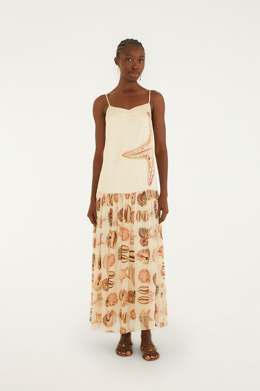 Sand Marine Shells Pleated Sleeveless Maxi Dress | FARM Rio | FarmRio (US)