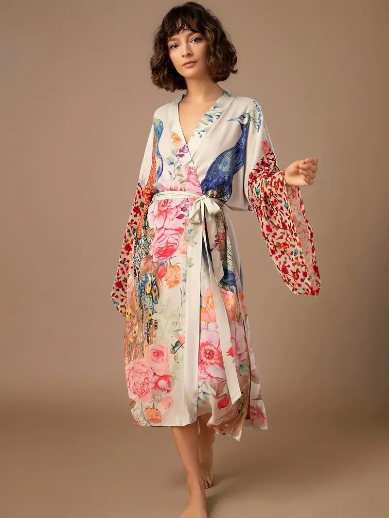 Floral Peacock Print Cover Up Kimono, Long Sleeves Loose With Waistband Robes, Women's Swimwear &... | Temu Affiliate Program