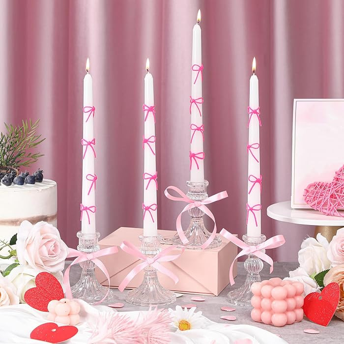 12 Set Pink Bow Party Suppies Coquette Pink Bow Candles White Taper Candles Sticks with Wax Stick... | Amazon (US)