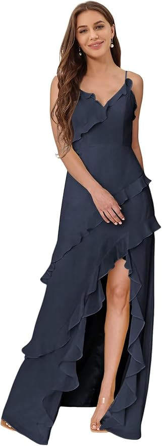 Loyeloy Women's Ruffles V Neck Bridesmaid Dresses with Slit 2025 Chiffon A Line Hi-lo Formal Part... | Amazon (US)