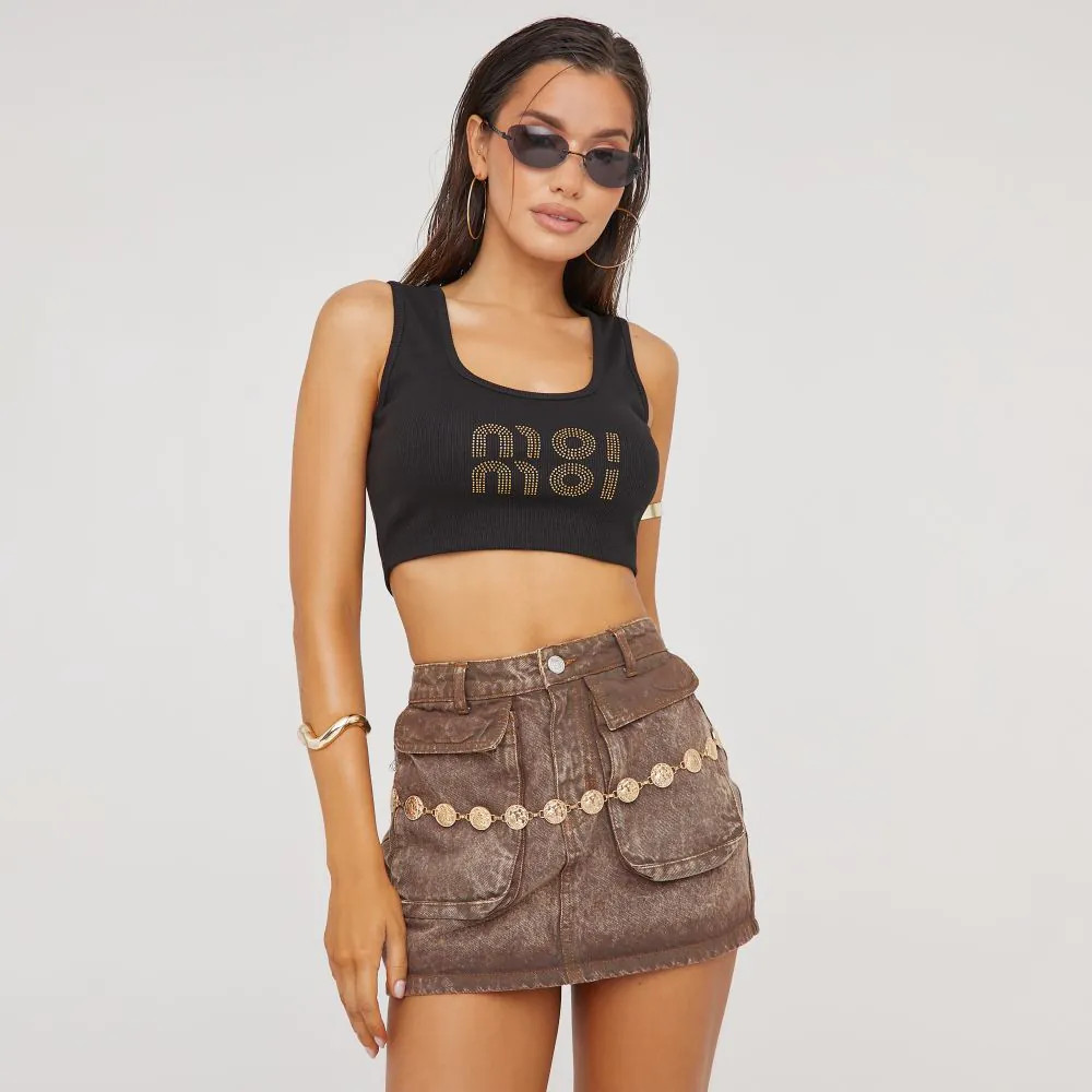 Scoop Neck Diamante Moi Moi Print Crop Top In Black | EGO (UK)