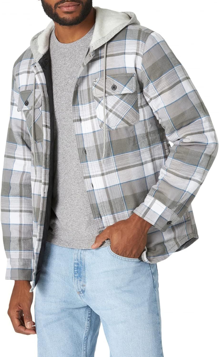 Wrangler Authentics Men's Long Sleeve Quilted Lined Flannel Shirt Jacket with Hood, Cloud Burst, ... | Amazon (US)