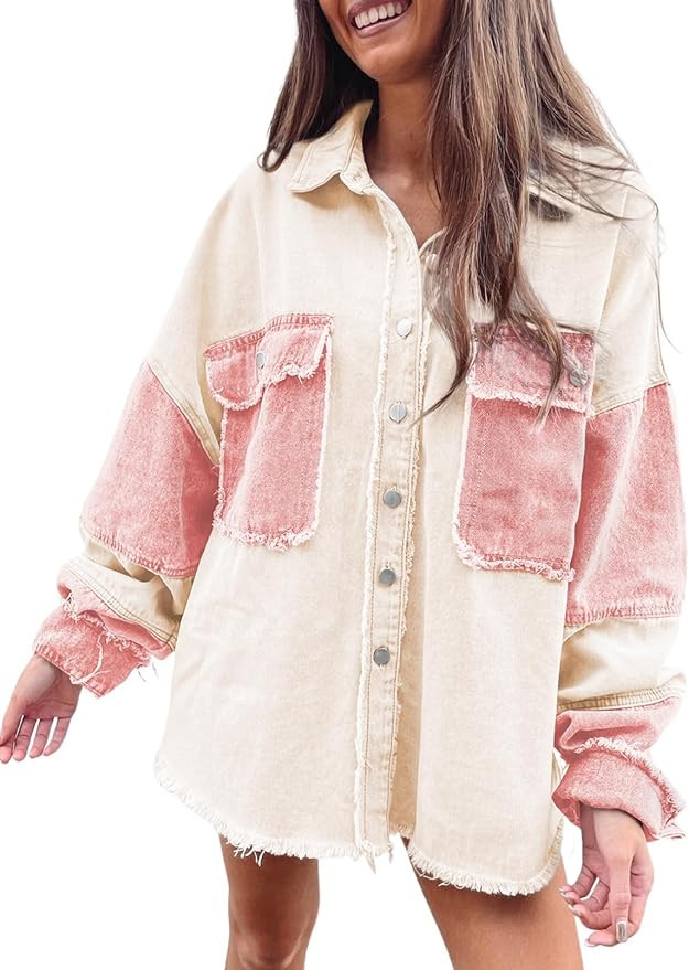 Dokotoo Jean Jacket Women Oversized Patchwork Fashion 2023 Shacket Jacket Women Long Boyfriend Bu... | Amazon (US)