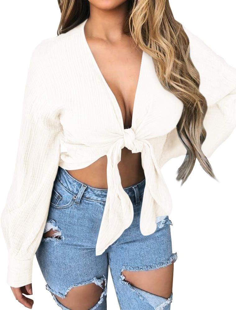 CLOZOZ Women's Sexy Deep V Neck Tie Front Long Sleeve Shirts Crop Top Blouse | Amazon (US)