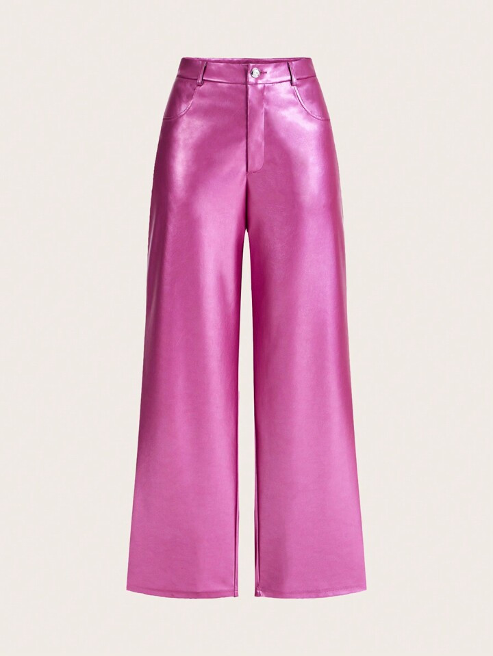 SHEIN Essnce Valentine's Day Ladies'Pink Faux Leather Metallic Pu Pants For Spring | SHEIN
