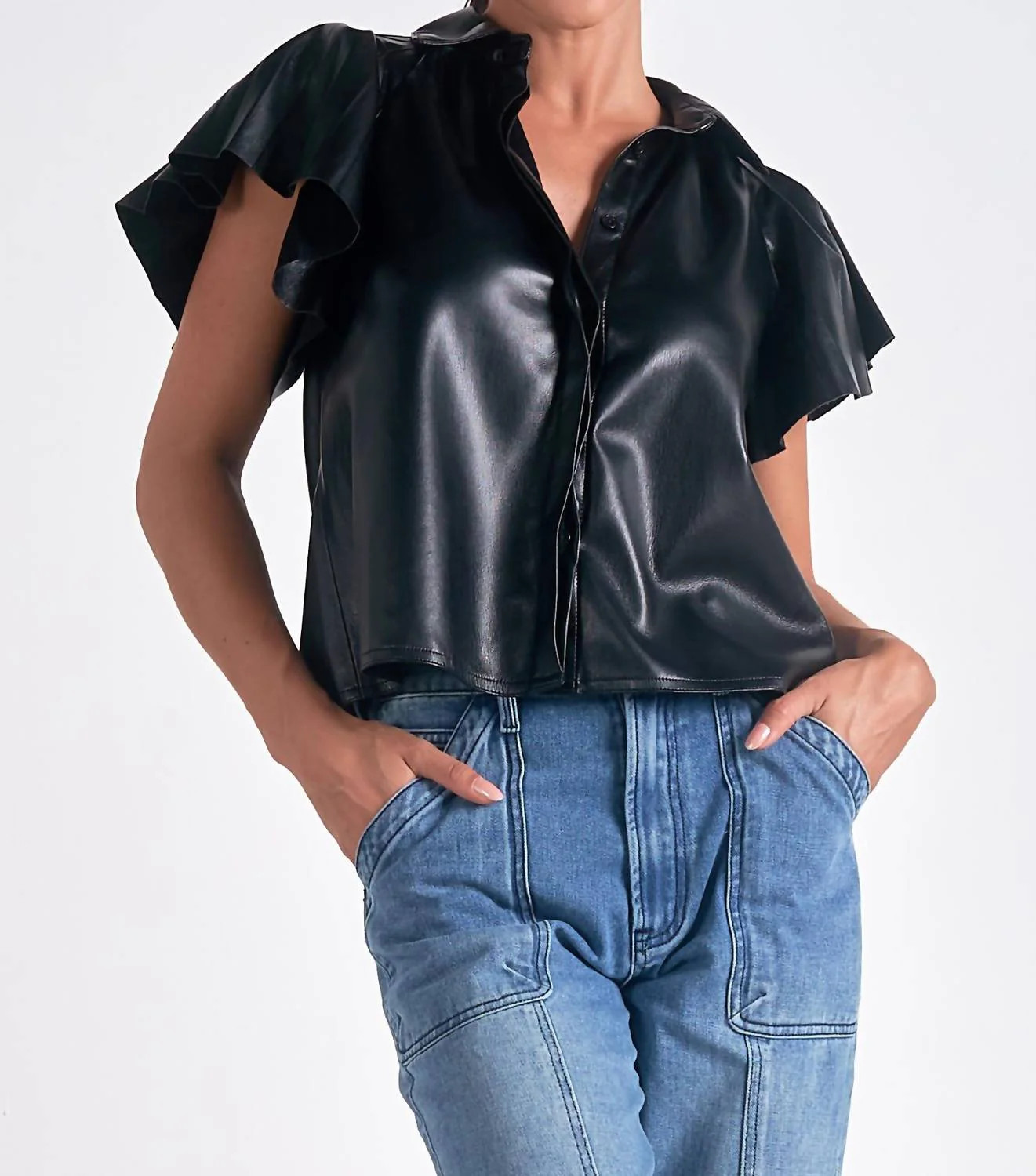 Leather Flutter Sleeve Top In Black | Shop Simon