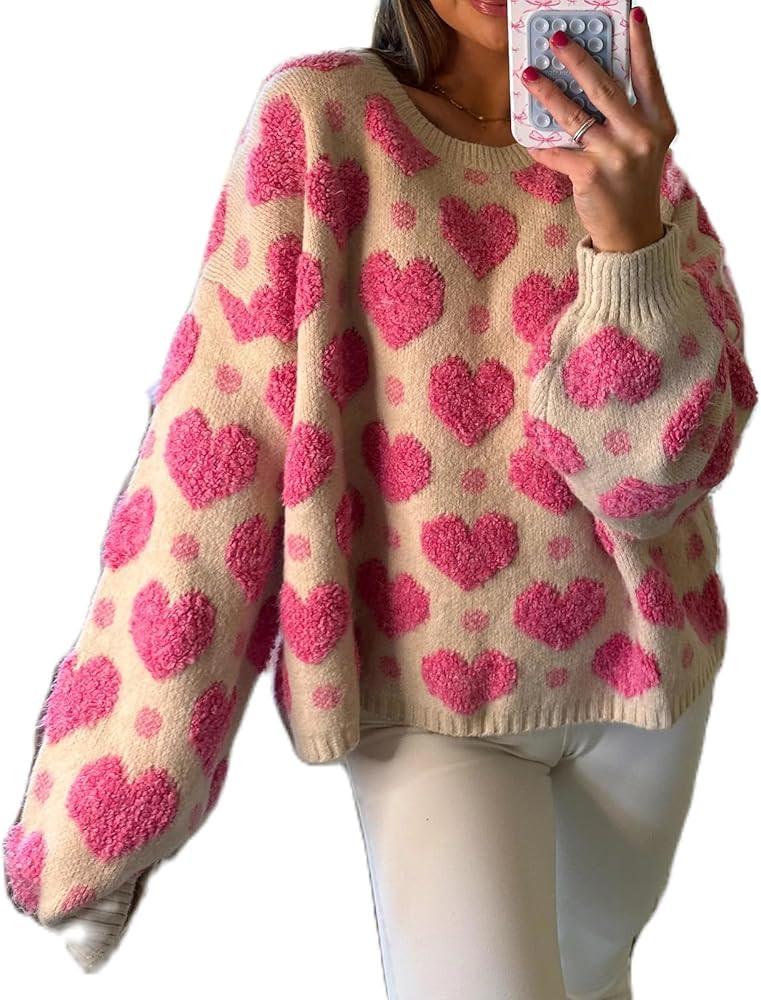 Women Heart Print Knit Sweater Valentine’s Day Love Heart Pullover Sweater Oversized Long Sleev... | Amazon (US)