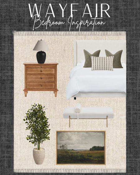 Wayfair bedroom inspiration! So many quality pieces if you are looking to elevate your space. 

Wayfair finds, Way Day, 3 drawer nightstand, bench, eucalyptus faux tree, ceramic table lamp, wall art rural countryside, solid color rug, striped pillow cover 