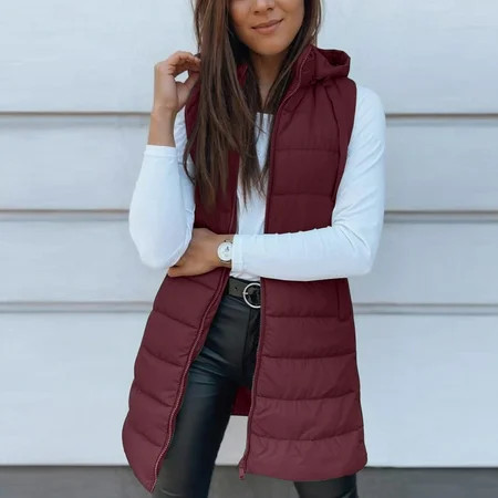 Long Puffer Vest Women Sleeveless Hooded Puffer Jacket Zip Up Lightweight Quilted Outerwear Winter Warm Coat Wine S | Walmart (US)