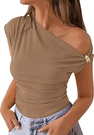 PRETTYGARDEN Womens Summer Off The Shoulder Crop Tops Ribbed Going Out Fitting T Shirts Trendy Sp... | Amazon (US)