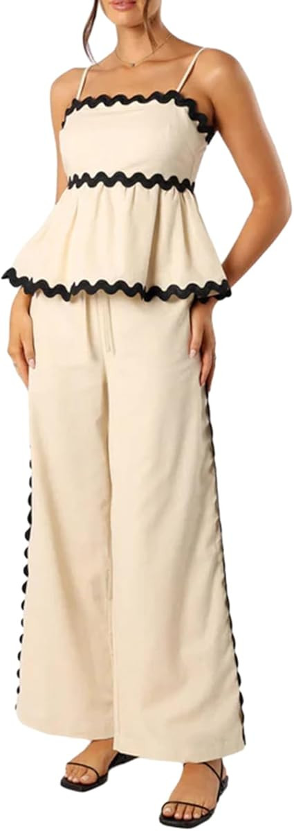 Women 2 Piece Summer Vacation Outfit Rickrack Crop Top with Wide Leg Pants Ric Rac Linen Clothes ... | Amazon (US)