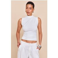 Cream Soft Touch Ruched Side High Neck Top | PrettyLittleThing US