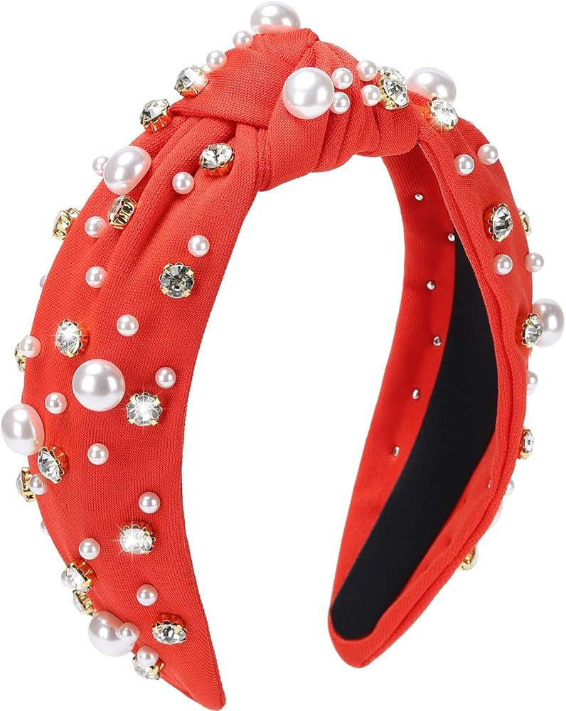 WantGor Pearl Knotted Headband, Women Rhinestone Embellished Hairband Elegant Wide Top Knot Bride... | Amazon (US)
