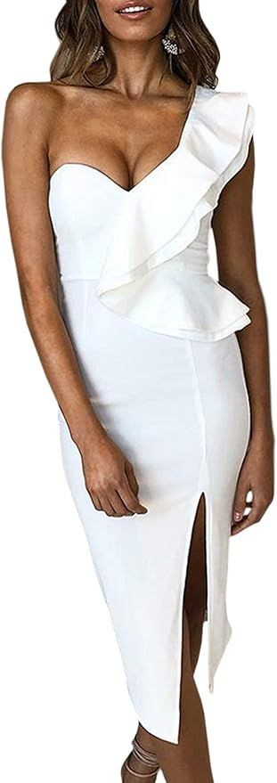 ECOWISH Women's Dresses Sexy Ruffle One Shoulder Sleeveless Split Bodycon Midi Party Dress | Amazon (US)