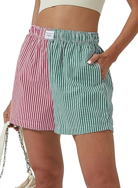 XinYangNi Women's Casual Striped Print Shorts Elastic High Waisted Straight Leg Bermuda Shorts wi... | Amazon (US)