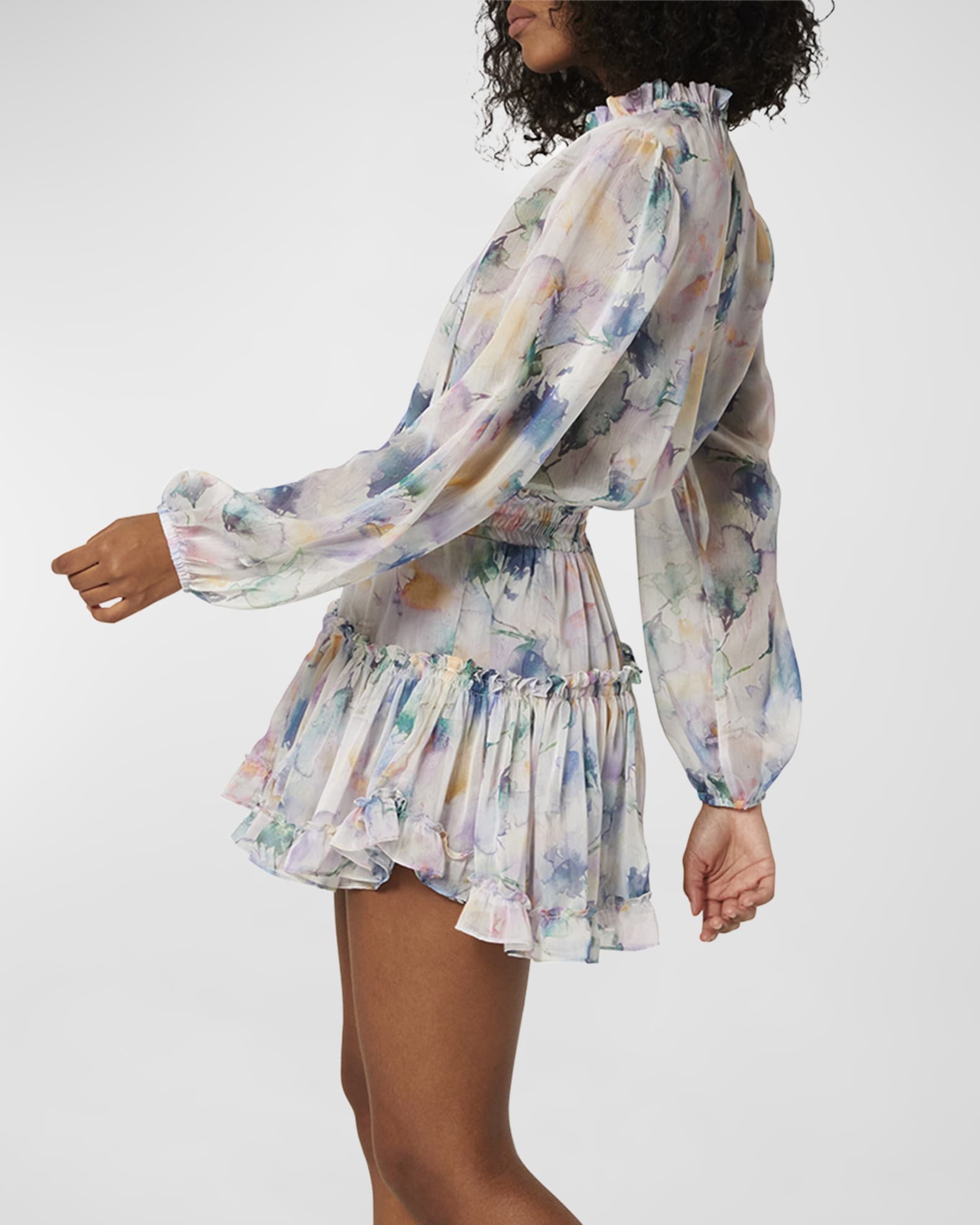 Lorena Split-Neck Printed Chiffon Mini Dress | Neiman Marcus