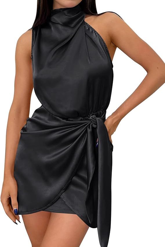 ZESICA Women's 2023 Fashion Satin Sleeveless Halter Neck Tie Waist Wrap Bodycon Cocktail Party Mi... | Amazon (US)