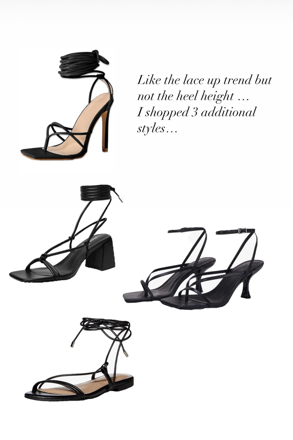 Lace up sandal trend done in 4 different styles. 
Summer sandal 
Summer heel 
Lace up sandal 
Summer shoe 

#LTKSummerSales #LTKSeasonal #LTKShoeCrush
