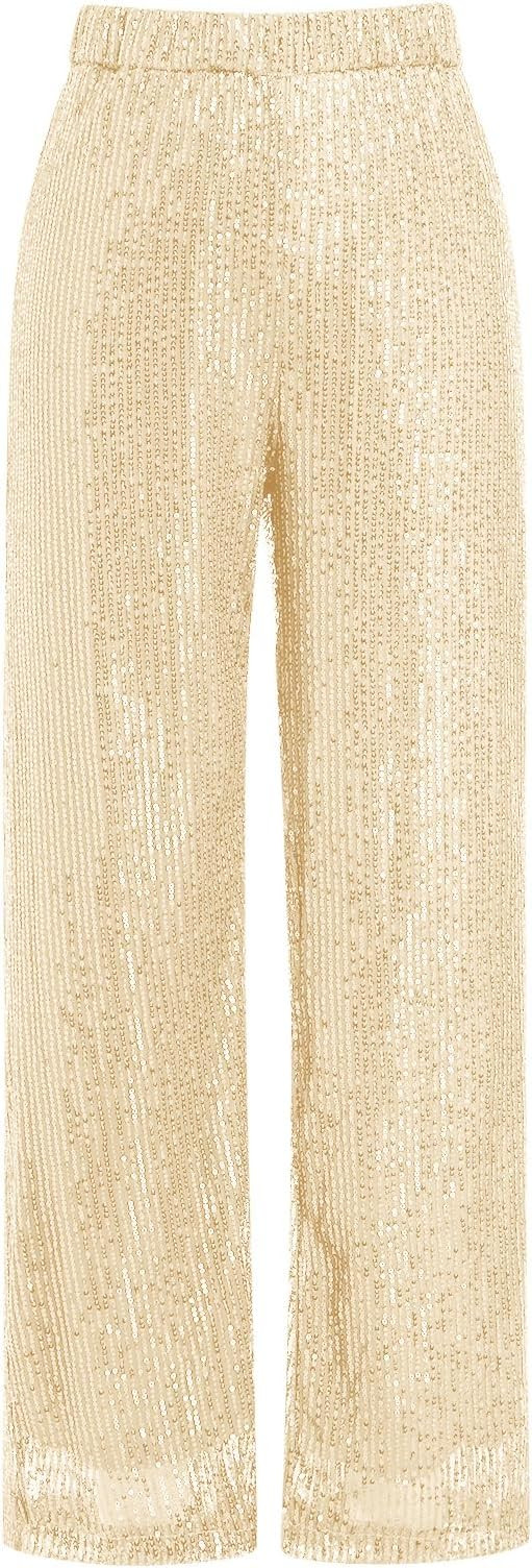 ODIZLI Womens Wide Leg Sparkle Sequin Pants Elastic High Waisted Bling Glitter Dance Pants | Amazon (US)